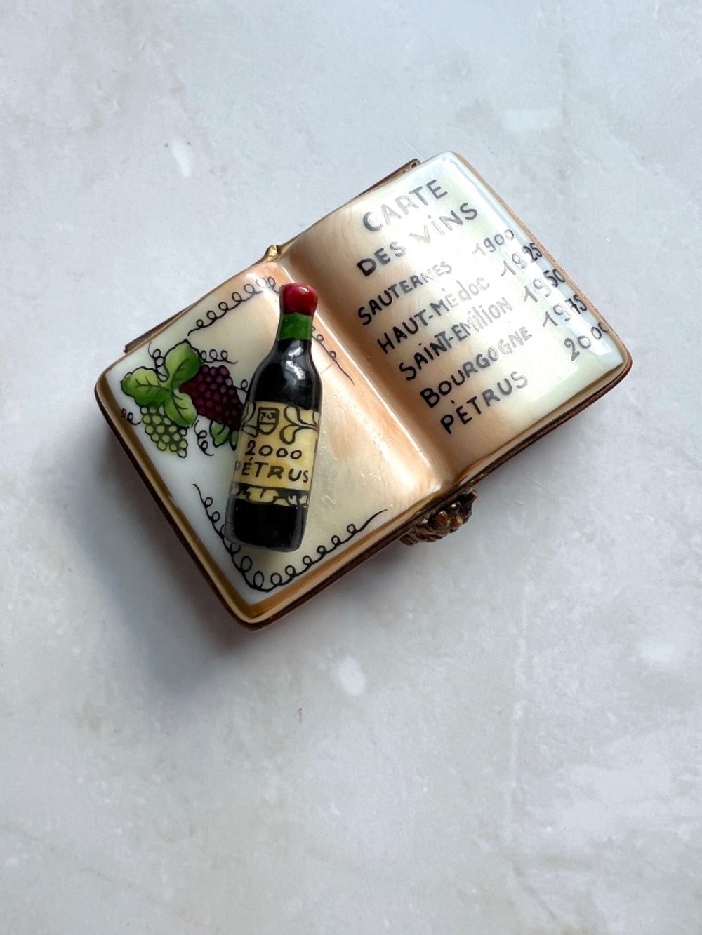 Hand Painted Limoges France Wine Book Box Carte des Vins Wine Trinket Box